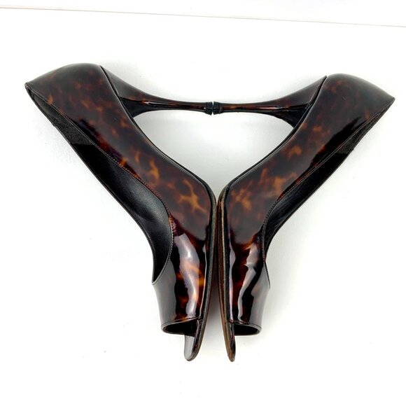 Stuart Weitzman Brown Patent Leather Tortoise Shell Peep Toe Pumps Size 9.5M - Picture 9 of 16